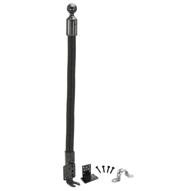 An 18 inch Seat Rail Floor Pedestal with a 25mm (1 inch) ball, black with a flexible gooseneck shaft, mounting bracket, screws, and a silver metal hook bracket, displayed on a white background.