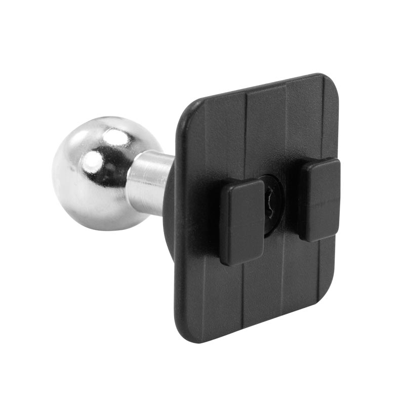 The 20mm Swivel Ball to Dual T-Tab Adapter is a heavy-duty mounting pedestal with a 20mm ball adapter and black square plastic mount featuring two front clips; it’s Dual-T compatible for versatile installation.
