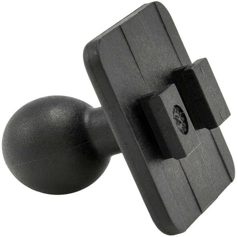 The 20mm Swivel Ball to Dual T-Tab Adapter is a black plastic mount with a rectangular flat plate, designed for use in heavy-duty mounting pedestals or Dual-T compatible device holders and car mounts.