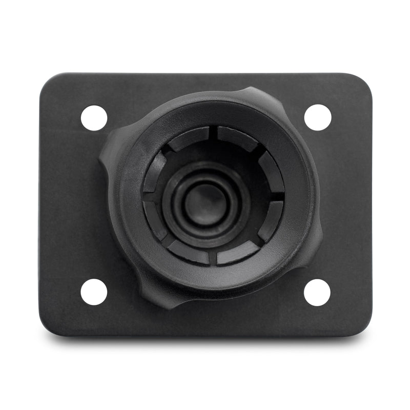 Close-up of the 22mm Ball to 4 Hole AMPS Head Conversion Kit, a black rectangular bracket with a 4 Hole AMPS pattern and central socket, perfect for secure mount conversions between 22mm ball and AMPS-compatible components.