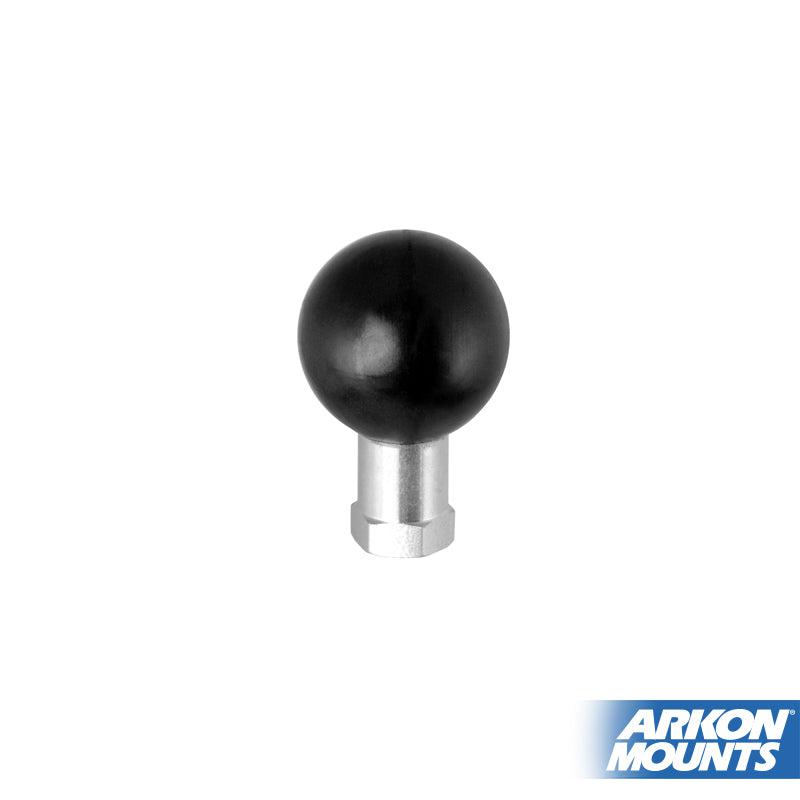 A 25mm (1 inch) ball adapter with a 1/4-20 female threaded hole and silver base is centered on a white background. The Arkon Mounts logo is shown in the bottom right corner.