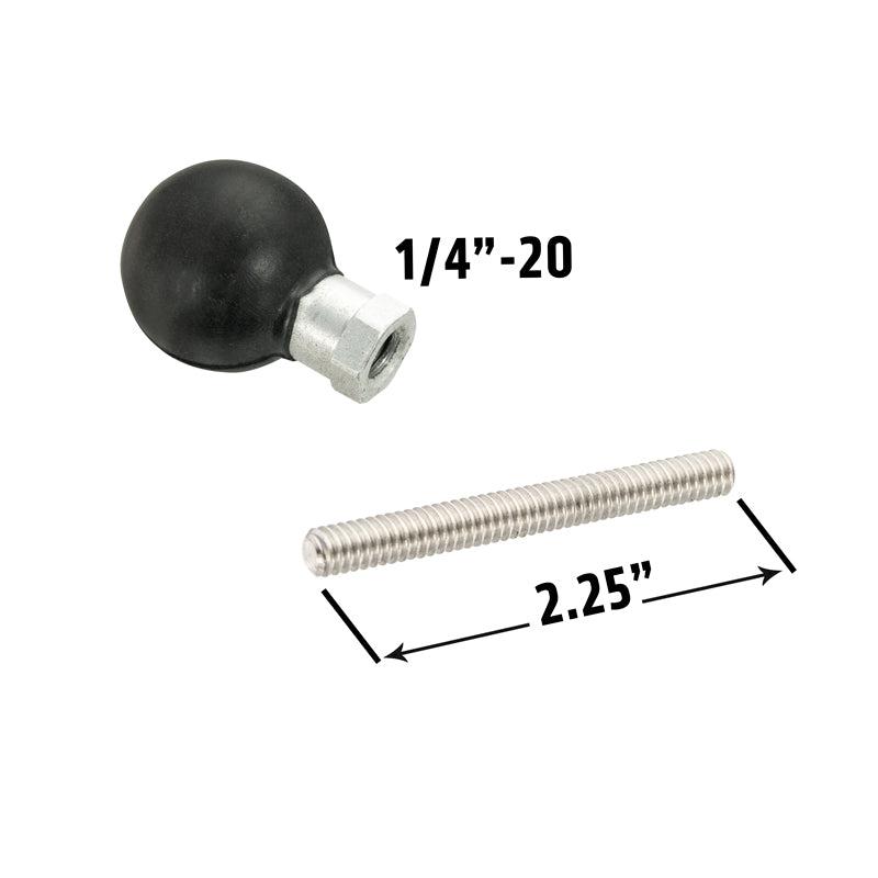 A 25mm (1 inch) ball adapter with a 1/4-20 female threaded hole is shown above a horizontally placed metal hex post, measuring 2.25 inches long and labeled underneath.