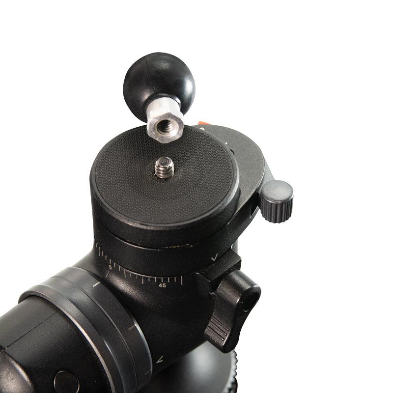Close-up of the 25mm (1 inch) Ball Adapter with 1/4-20 female threaded hole and hex post, designed for camera mounting. The adapter is black and shown on a white background.