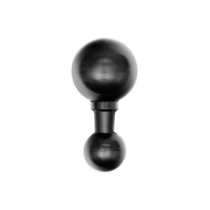 A 25mm (1 inch) Ball to 38mm (1.5 inch) Ball Adapter, black, featuring a large sphere atop a smaller one joined by a short cylinder, compatible with RAM Mounts, shown on a white background.