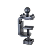 The 25mm (1 inch) Ball to Adjustable Clamp Adapter features a threaded screw handle, round ball mount, and sturdy black metal build—perfect for securely attaching mounts or devices to different surfaces.