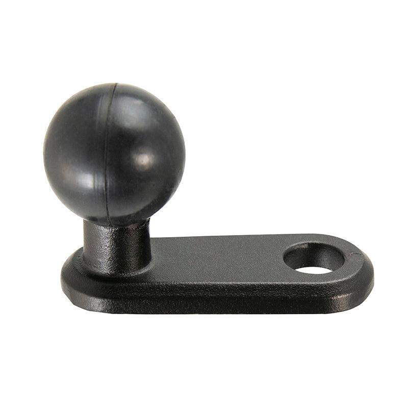 The 25mm Ball to 11mm Bolt Head Adapter is a black metal, heavy-duty mount featuring a 25mm ball on one end and an 11mm bolt head extension with a circular hole for attaching accessories.