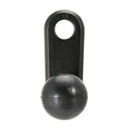A 25mm Ball to 11mm Bolt Head Adapter made of black plastic, featuring a flat rectangular tab with a circular hole at the top and a round ball at the bottom.