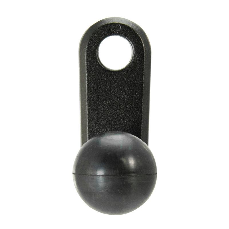 A 25mm Ball to 11mm Bolt Head Adapter made of black plastic, featuring a flat rectangular tab with a circular hole at the top and a round ball at the bottom.