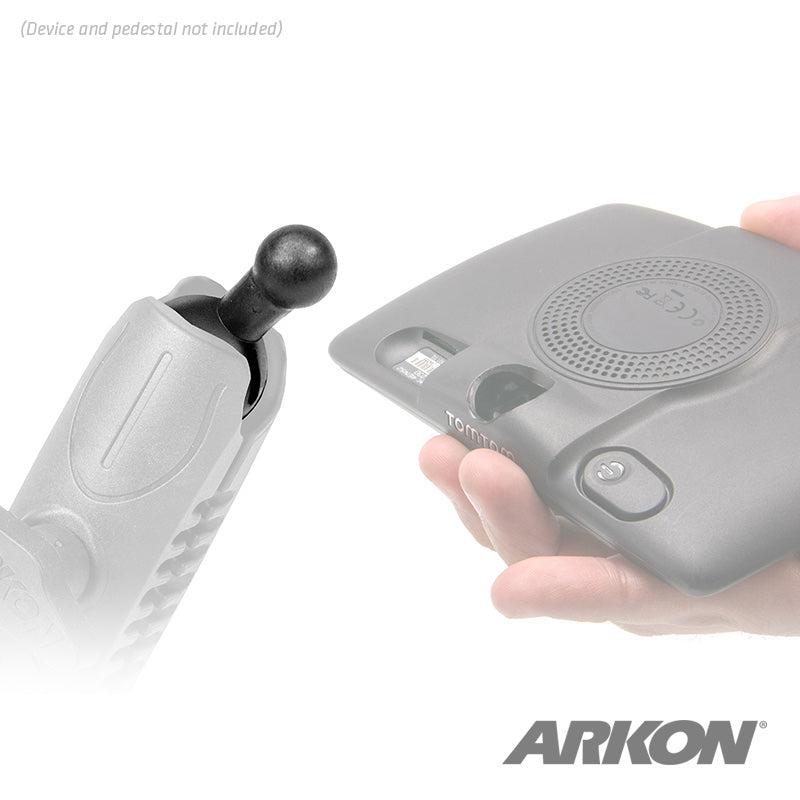 Close-up of the 25mm Ball to 17mm Ball Adapter by ARKON, shown next to a hand holding a compatible device holder. ARKON logo appears in the bottom right. Text above notes: Device and pedestal not included.