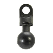 The 25mm Ball to 9mm Angled Bolt Head Adapter is a black metal adapter with a circular hole on top and a round ball at the bottom, ideal for mounting accessories to vehicles or electronics using a 25mm ball system.