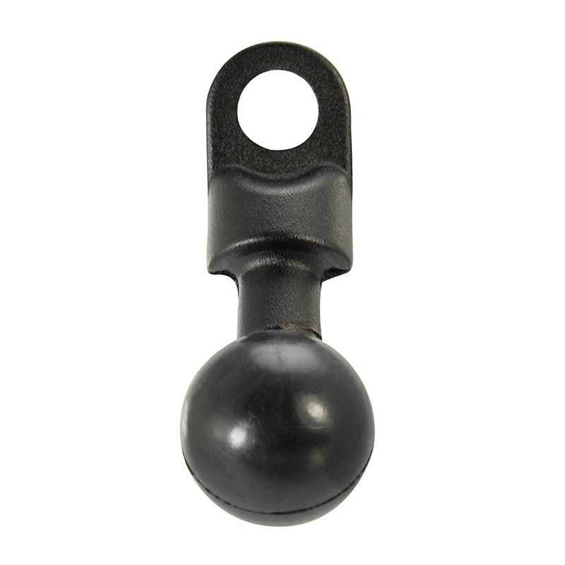 The 25mm Ball to 9mm Angled Bolt Head Adapter is a black metal adapter with a circular hole on top and a round ball at the bottom, ideal for mounting accessories to vehicles or electronics using a 25mm ball system.
