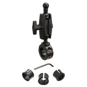 A 25mm robust aluminum motorcycle handlebar mount (17mm ball compatible) with a handlebar clamp, three plastic insert sizes, and an Allen wrench displayed below it.
