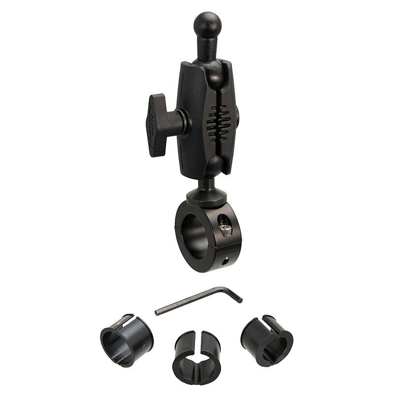 A 25mm robust aluminum motorcycle handlebar mount (17mm ball compatible) with a handlebar clamp, three plastic insert sizes, and an Allen wrench displayed below it.