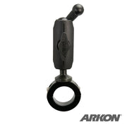 A 25mm Robust Aluminum Motorcycle Handlebar Mount, compatible with 17mm ball accessories, features a circular clamp and adjustable arm with tightening knob, shown on a white background with the Arkon logo in the bottom right corner.