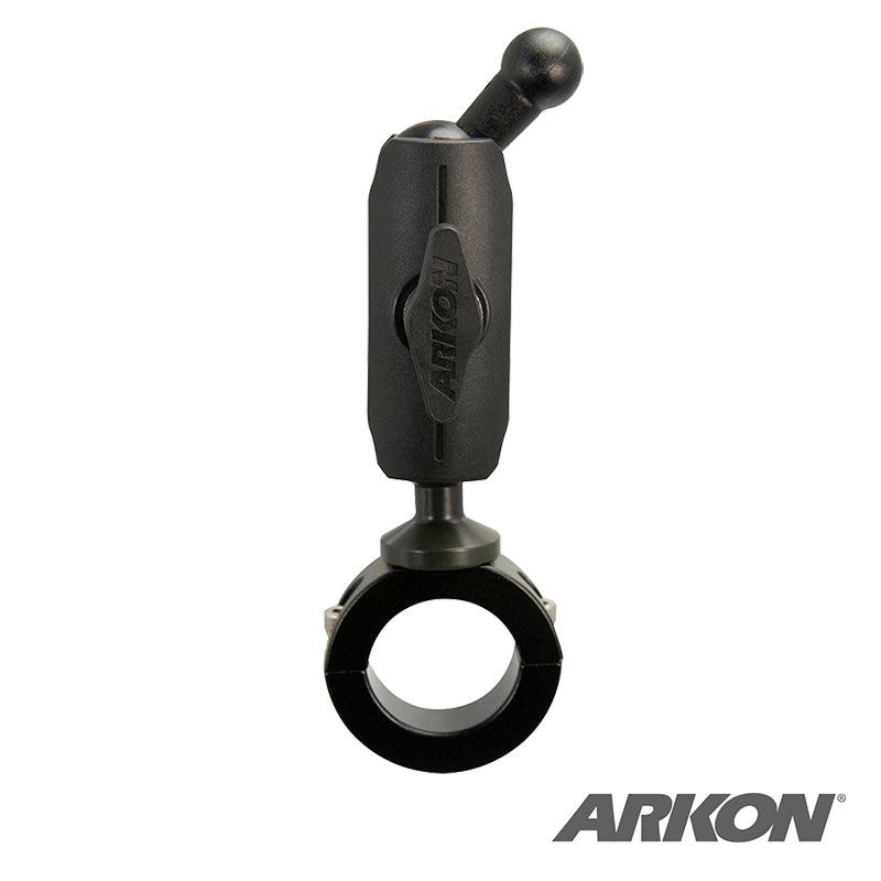 A 25mm Robust Aluminum Motorcycle Handlebar Mount, compatible with 17mm ball accessories, features a circular clamp and adjustable arm with tightening knob, shown on a white background with the Arkon logo in the bottom right corner.