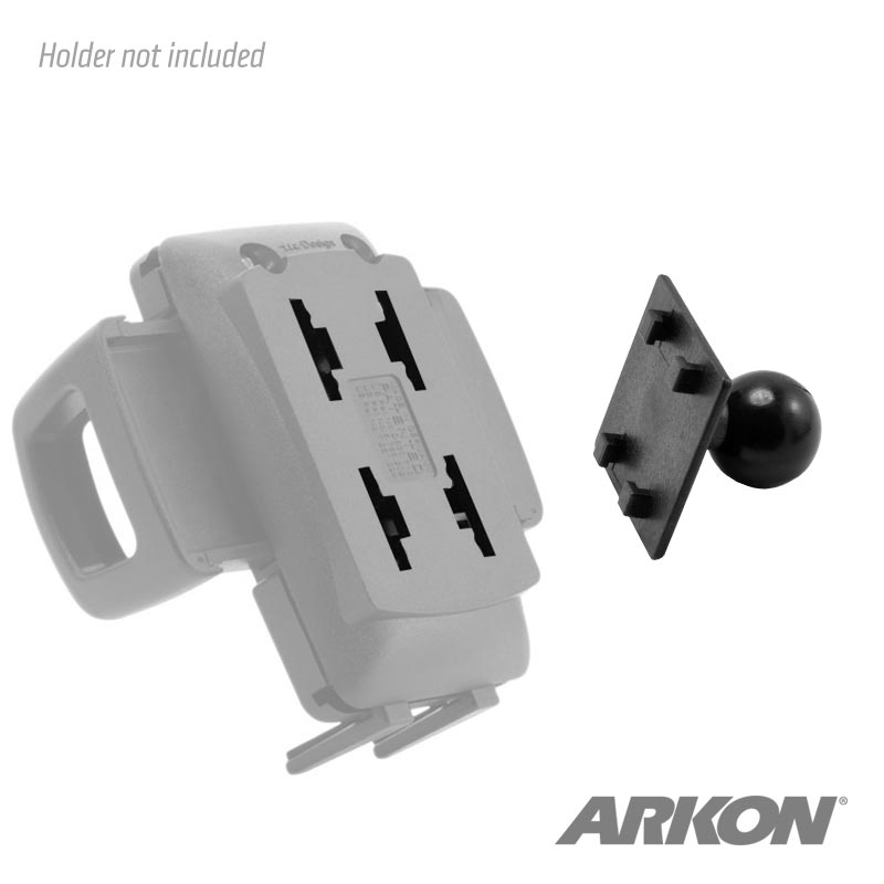 A 25mm Swivel Ball to 4-Prong iGRIP Mounting Pattern Adapter in black is shown beside a phone holder, with Holder not included text and the ARKON logo visible in the corner.