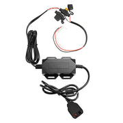 A black 30W 2-Port Quick Charge 3.0 and USB-A Car Fixed Install Charger features multiple cables, exposed red and black wires, a fuse holder, and output connector, all shown on a white background.