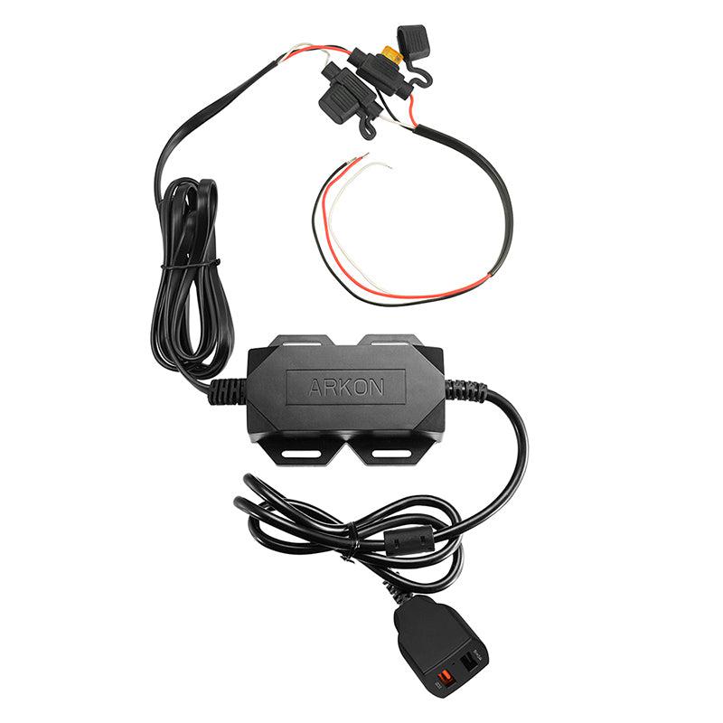 A black 30W 2-Port Quick Charge 3.0 and USB-A Car Fixed Install Charger features multiple cables, exposed red and black wires, a fuse holder, and output connector, all shown on a white background.