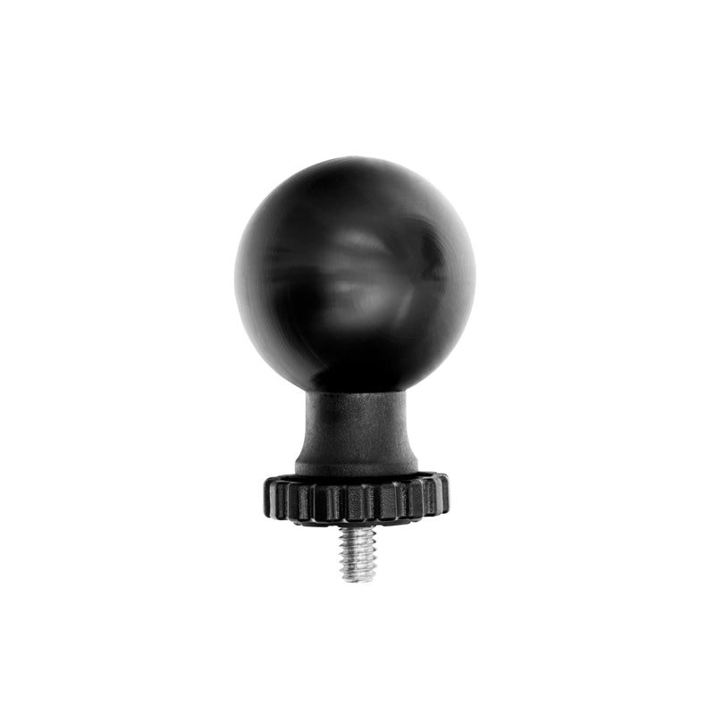 The 38mm Swivel Ball to 1/4-20 Camera Mounting Bolt Adapter is a black, spherical knob with a threaded metal screw and ridged base, compatible with camera mounts, shown isolated on a white background.