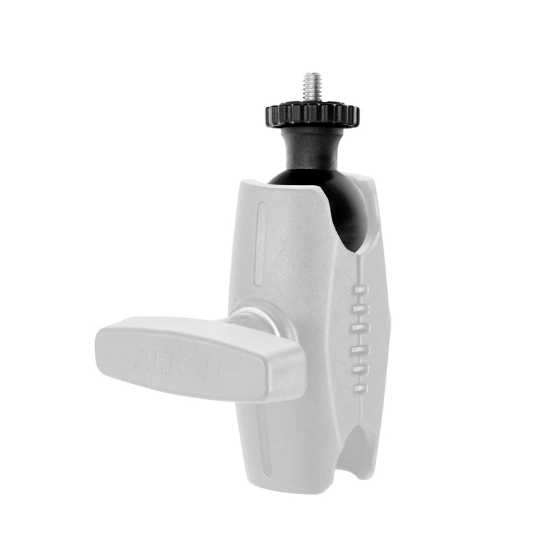 The 38mm Swivel Ball to 1/4-20 Camera Mounting Bolt Adapter is a gray mounting clamp with an adjustable knob and ARKON branding, designed for securely attaching devices or accessories with a camera mounting adapter on top.