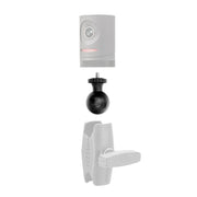 A small gray camera sits above the 38mm Swivel Ball to 1/4-20 Camera Mounting Bolt Adapter and a gray clamp, all vertically aligned on a white background.