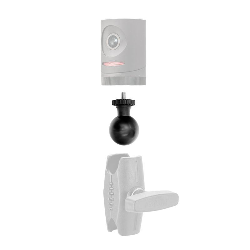 A small gray camera sits above the 38mm Swivel Ball to 1/4-20 Camera Mounting Bolt Adapter and a gray clamp, all vertically aligned on a white background.