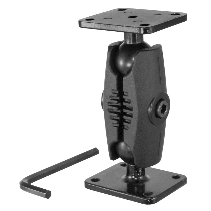 The 4 Heavy-Duty Car Dash or Wall Mount Pedestal with Security Hardware is shown upright, featuring a ball-and-socket joint, two rectangular 4-hole AMPS plates, and an L-shaped hex key.