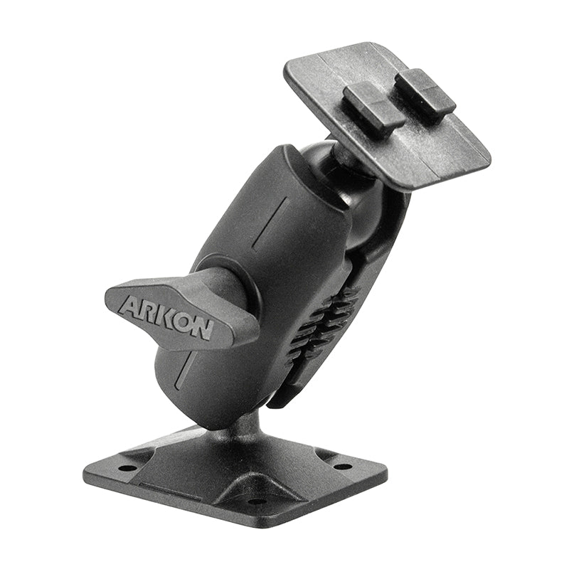 The 4-Hole AMPS Car or Wall Mount - Dual-T Compatible features a black adjustable arm, base plate, and rectangular mounting pad for securely holding devices or equipment as an adjustable pedestal mount.