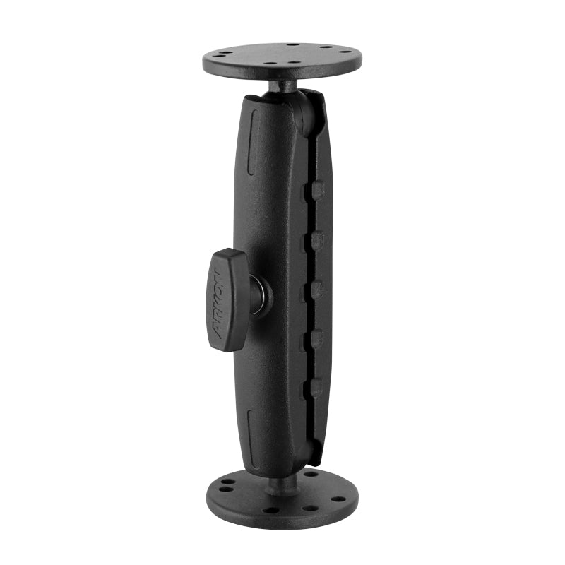The 4-Hole AMPS Drill Base Mount features a black adjustable arm with circular metal AMPS drill bases on each end, joined by a central pivot and tightening knob for secure commercial vehicle installation.