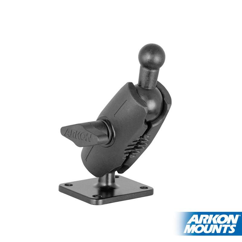 The 4-Hole AMPS Mounting Plate with 17mm Ball and Shaft Arm is a black adjustable arm on a square base, designed for device attachment. Part of the Robust Mount Series. Arkon Mounts logo shown bottom right.