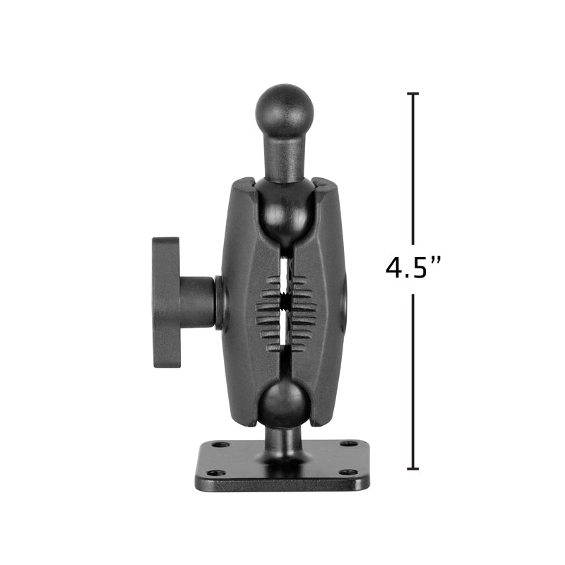 The 4-Hole AMPS Mounting Plate with 17mm Ball and Shaft Arm, shown in black from the side, features an adjustable bracket and base plate with a labeled vertical height of 4.5 inches.