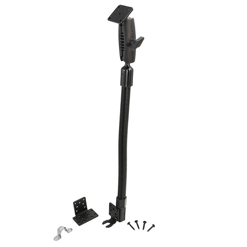 The 4-Hole AMPS Pattern Car or Truck Seat Rail or Floor Mount Pedestal features a black adjustable gooseneck arm with a rectangular AMPS plate, metal brackets, and screws for installation, displayed on a white background.