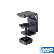 The 4-Hole AMPS to Adjustable Clamp Adapter is a black metal clamp with a screw-tightened knob for attaching to desk or table edges. It features the Arkon Mounts logo and is compatible with AMPS mounts.