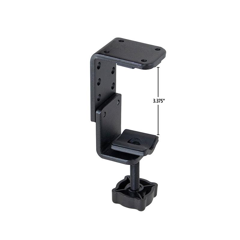 The 4-Hole AMPS to Adjustable Clamp Adapter is a black metal clamp with a 3.375 height, ideal for securing items to tables or workbenches. It features an adjustable clamp base and an AMPS-compatible design.