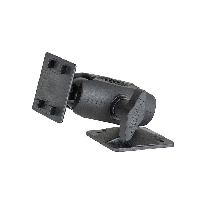 The 4 inch 4-Hole AMPS Drilled Base Mount - 4-Prong Compatible features a black adjustable swivel bracket with rectangular base, pivot and tilt mechanisms, ideal for mounting devices like GPS units or cameras.