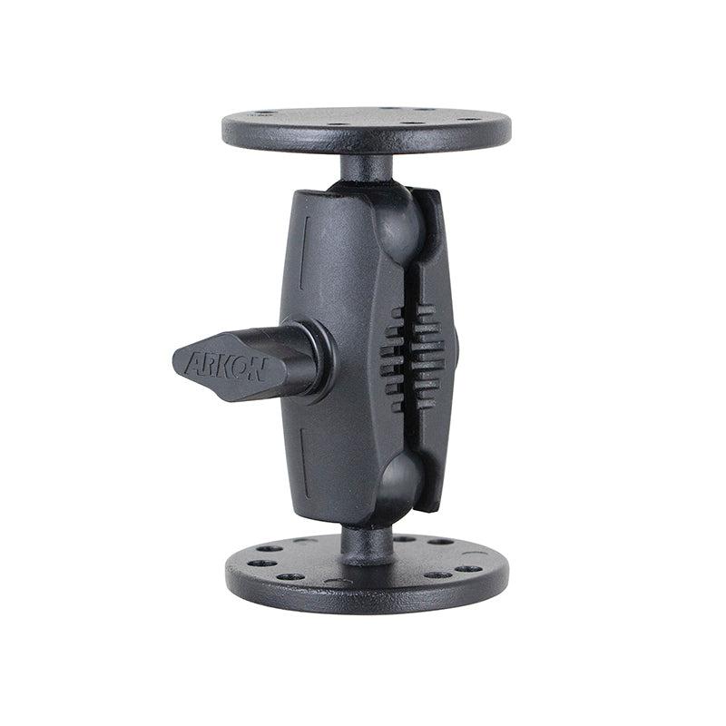 The 4-Inch Heavy-Duty 4-Hole AMPS Mount is a black mount with two circular base plates, a central joint, and tightening knob. Multiple holes on the plates make it compatible with 4-Hole AMPS and AMPS-compatible accessories.