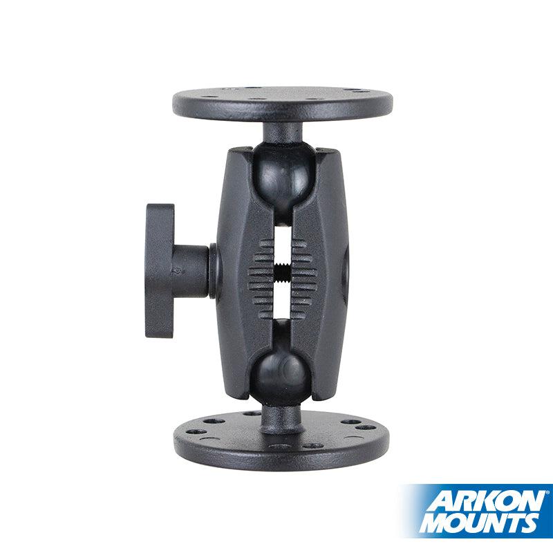 The 4-Inch Heavy-Duty 4-Hole AMPS Mount is a black adjustable bracket with two round plates and a central screw knob. Compatible with AMPS accessories, it features the Arkon Mounts logo on a white background.