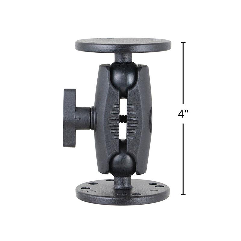 The 4-Inch Heavy-Duty 4-Hole AMPS Mount features two round plates joined by a central joint and a side tightening knob. Its adjustable, stands 4 inches tall, and supports AMPS-compatible accessories.