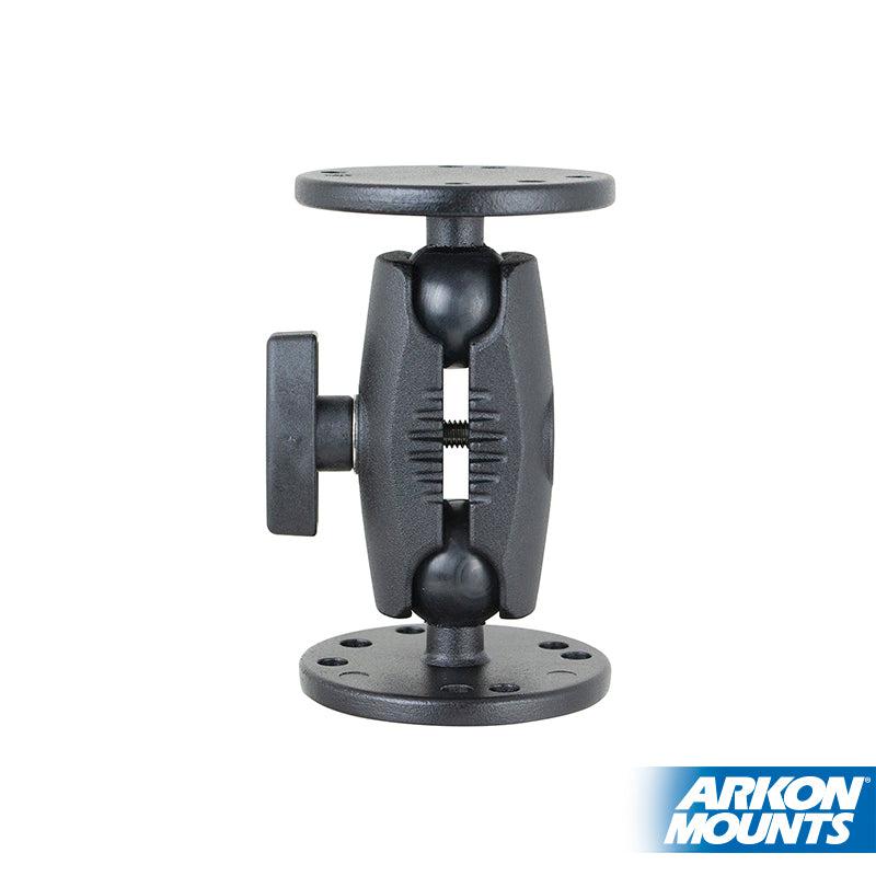 The 4-Inch Heavy Duty Metal 4-Hole AMPS Mount is a black adjustable bracket with round plates on both ends, a side tightening knob, and a sturdy metal Robust Mount design. The Arkon Mounts logo is shown in the bottom right corner.