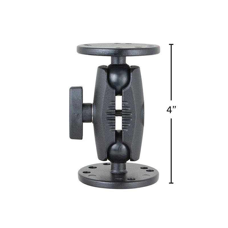 The 4-Inch Heavy Duty Metal 4-Hole AMPS Mount features round plates, a tightening knob, and durable construction—perfect for universal tablet holder setups. Shown on a plain white background.