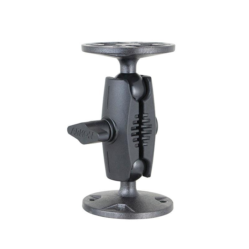 The 4.5-Inch Heavy-Duty 4-Hole AMPS Mount features a black, robust shaft arm with dual circular bases and a central hinge, providing stability and secure device attachment to various surfaces.