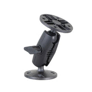 The 4.5-Inch Heavy-Duty 4-Hole AMPS Mount is an adjustable black plastic bracket with a sturdy shaft arm, two round bases, a central joint, and a 4-hole AMPS mount for secure flat surface device attachment.