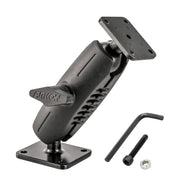 The 5 Heavy-Duty 4-Hole Metal AMPS Mount features black adjustable arms, square drill base plates on both ends, a tightening knob labeled ARKON, and security hardware including a screw, nut, and Allen wrench.