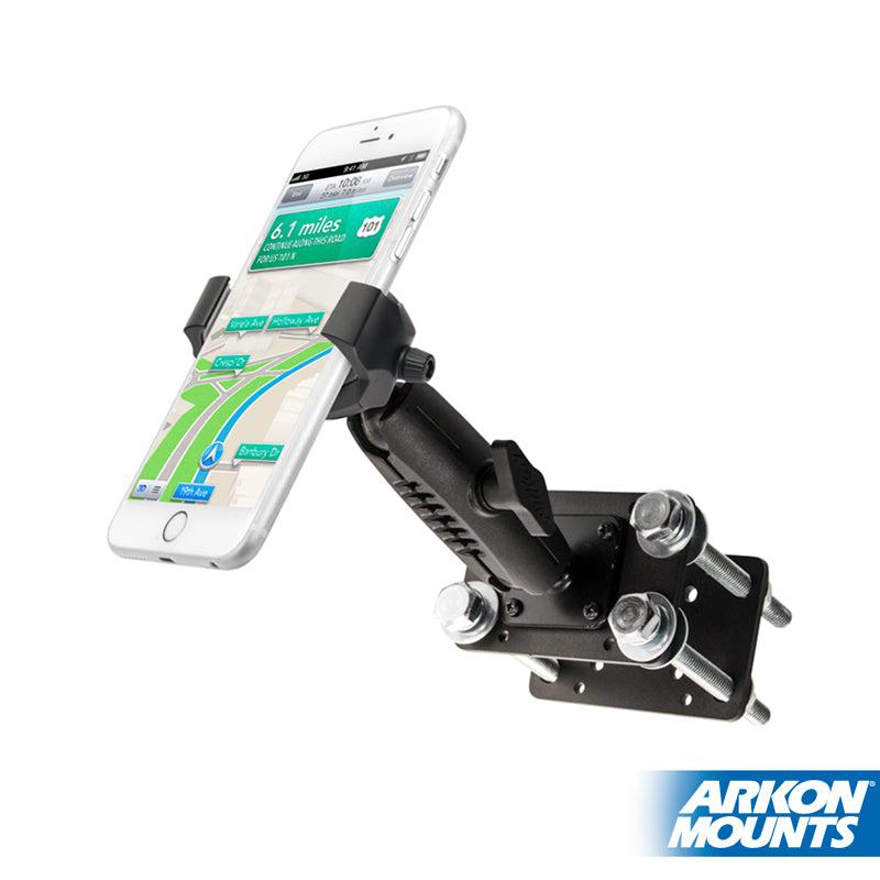 A white smartphone with a GPS map is mounted on the RoadVise® Ultra Forklift Front Guard Phone and Tablet Mount, a black adjustable rugged holder with bolts and the Arkon Mounts logo in the bottom right, perfect for warehouse use.
