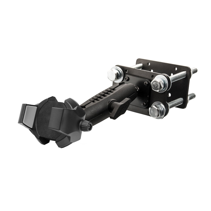 The RoadVise® Ultra Forklift Front Guard Phone and Tablet Mount is a black adjustable bracket with a clamp and metal plate, designed to securely hold devices or equipment in tough environments.