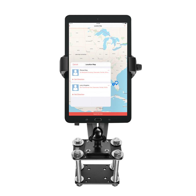 A RoadVise® Ultra Forklift Front Guard Phone and Tablet Mount holds a tablet showing a map of the eastern U.S. with location pins and a pop-up list of detected locations.