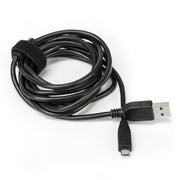The 6 Foot USB to Micro USB Cable for Android Smartphones and Other Devices is a coiled black cable with a USB-A connector, secured by a Velcro strap, perfect for charging Android devices, shown on a white background.