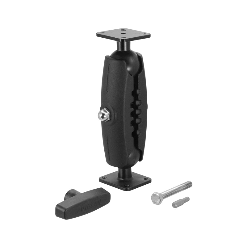 The 7 Heavy-Duty Metal AMPS Mount with Security Hardware, featuring two rectangular 4-hole AMPS plates, a tightening knob, bolt, and security nut, is shown on a white background. Compatible with 38mm (1.5 inch) ball systems.