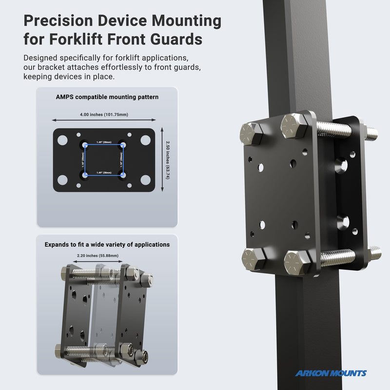 The 7 inch Robust Forklift Front Guard Slim-Grip® Tablet Mount attaches to a forklifts front guard with labeled dimensions and bolts, offering a secure warehouse tablet holder solution. The Arkon Mounts logo is shown at the bottom right.