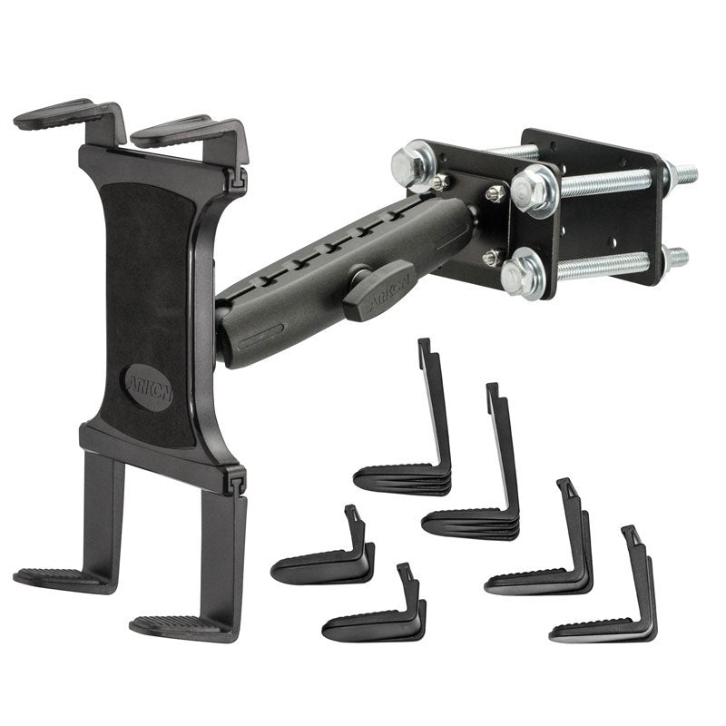 The 7.25 inch Metal Robust Forklift Front Guard Slim-Grip® Tablet Mount features a rugged black metal design with six interchangeable clamps, bolts, and a swiveling arm—perfect for mounting tablets to walls or poles in warehouse settings.